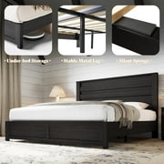 Papajet 49 H King Size Bed Frame with Headboard, Farmhouse Platform and Natural Wood Grain, Black