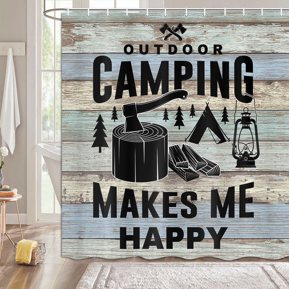 Happy Camper RV Shower Curtain Rustic Farmhouse Camping Trailer Bathroom Decor 
