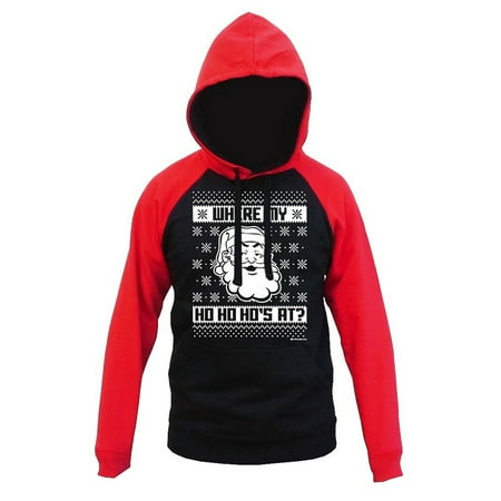 Baseball Sweater - Santa Where My Ho Ho Ho Men's Black/Red Raglan Baseball Hoodie Sweater X-Large Black