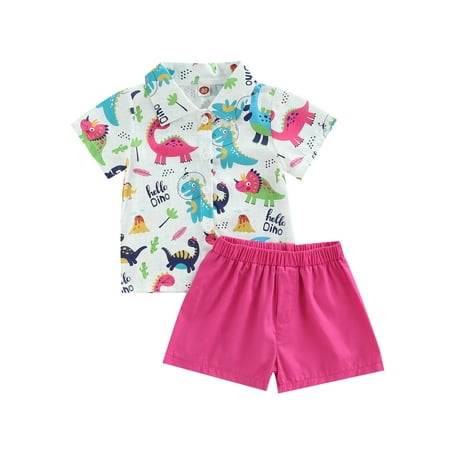 

Suanret Toddlers Kid Boy 2PCS Suit Cartoon Dinosaur Print Short Sleeve Lapel Button Shirt Shorts Rose Red 18-24 Months