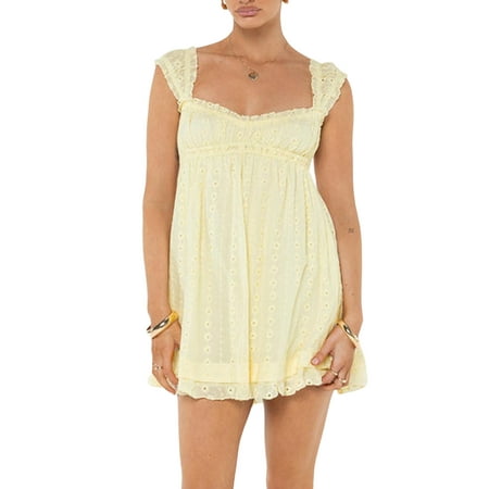 Juaugusep Women Eyelet Dress Ruffle Lace Strap Square Neck High Waist Babydoll Short Dress