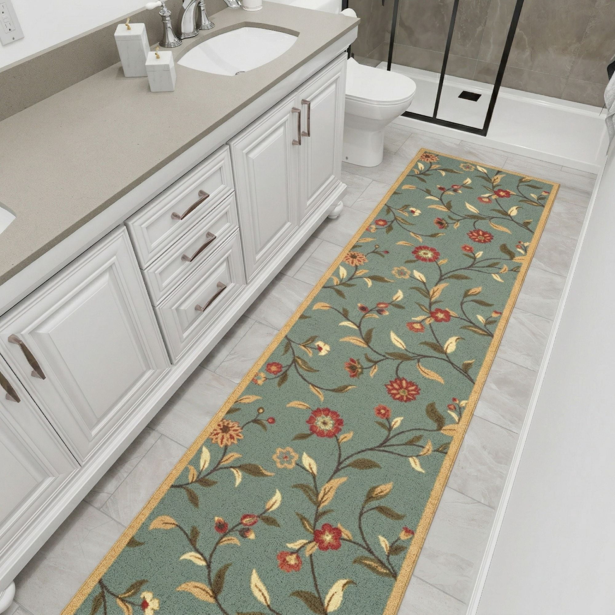 Ottomanson Extra Long Runner Rug 2'7" x 13' – Non-Slip Low Pile Hallway Carpet, Floral Seafoam Green
