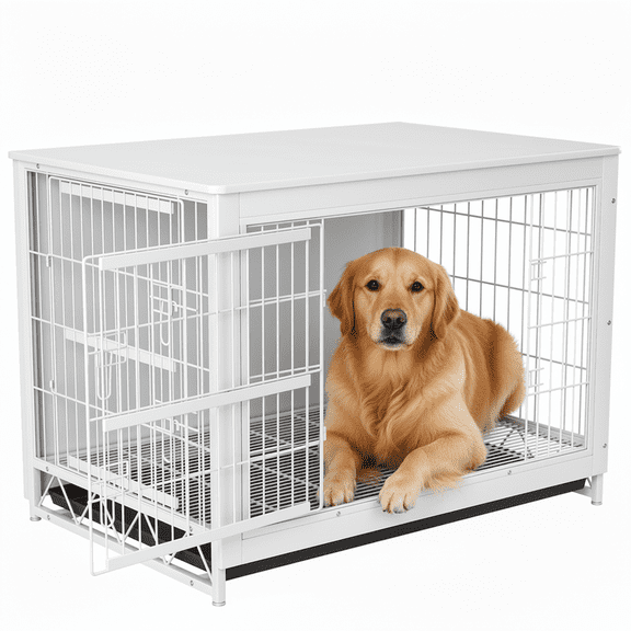 TLSUNNY Large Steel-Wood Dog Crate Furniture, Large Double Door Kennel End Table with Removable Tray for Living Room