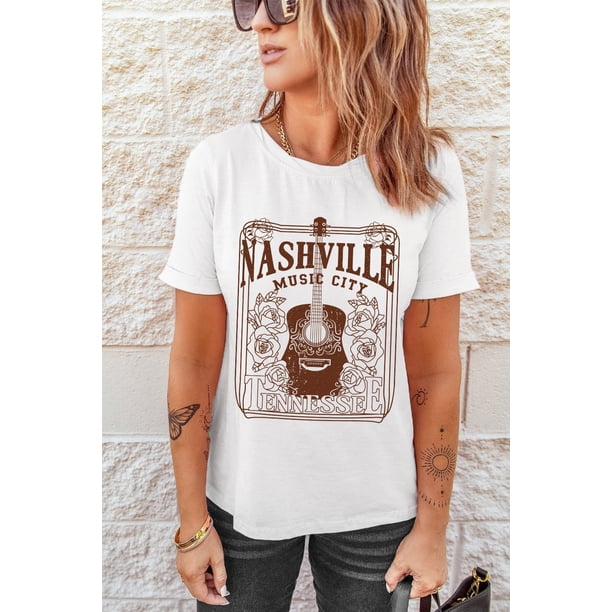 ABPHQTO Camiseta blanca con cuello redondo NASHVILLE MUSIC CITY para mujer