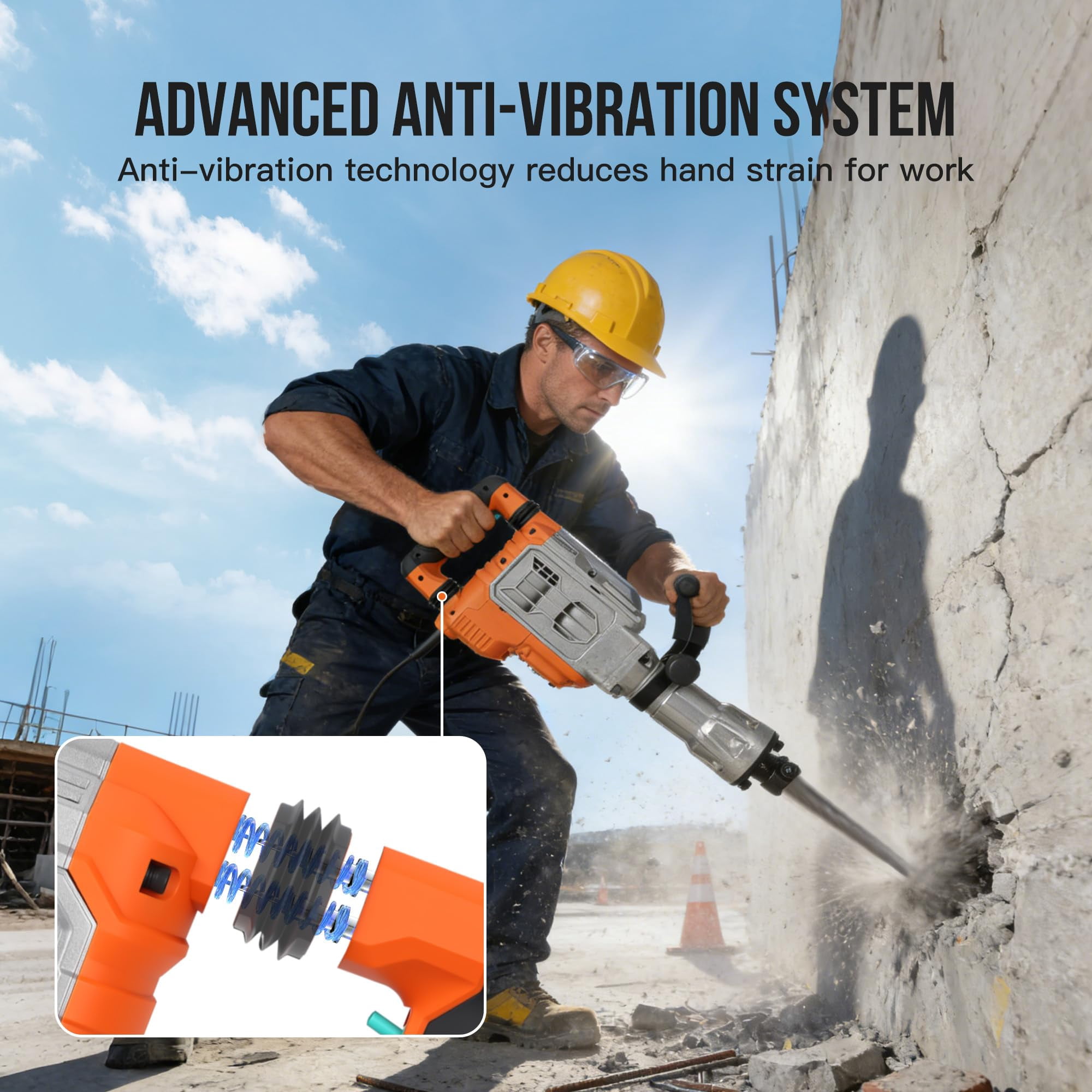 Electric Demolition Jackhammer 1700W, 60J Impact Energy Concrete Breaker 1900 BPM with Anti-Vibration System, Adjustable Handle, Safety Clutch, 2 Chisels & Carrying Case
