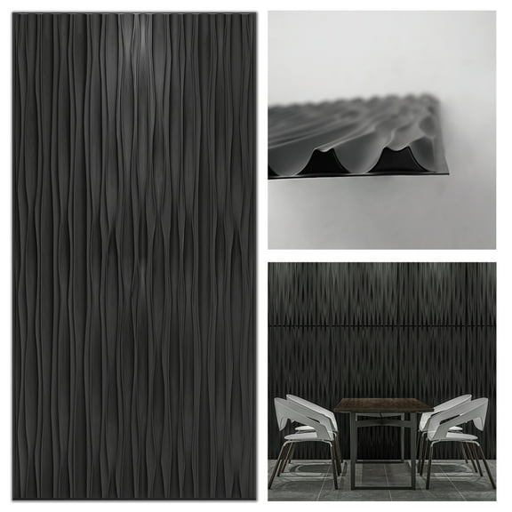 Art3d 6-Pack 47.2 "x23.6" PVC 3D Wall Panels Cum 2ftx4ft Drop Ceiling Tile, 3D Textured Wavy Wall Paneling-Black