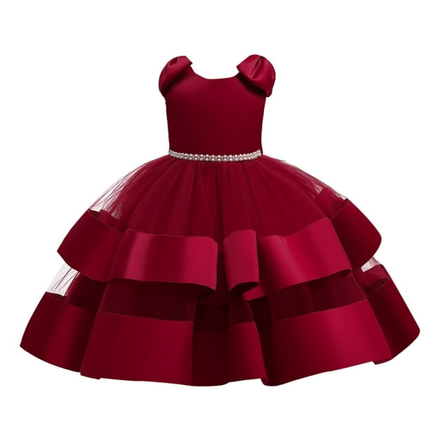 HBFAGFB Robe Formelle Filles Mode Enfants Nœud Papillon Dentelle Jupe en Tulle Robes de Mariage Rouge Melon D\'eau Taille 120