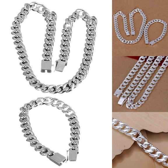 50% off!Adult Men's Sterling Silver Necklace Bracelet Jewelry Set 10MM Square Buckle