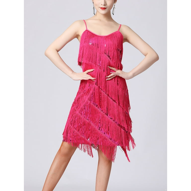 DPOIS Women s Latin Dance Dress Sparkly Tassel Sleeveless Cocktail Party Dress Hot Pink XXL Walmart