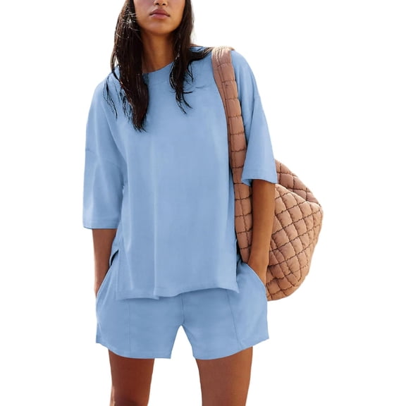 YATELLE Womens Shorts Sets 2 Piece Outfits Summer 2025 Half Sleeve Crew Neck Cotton Lounge Sets Matching Clothing