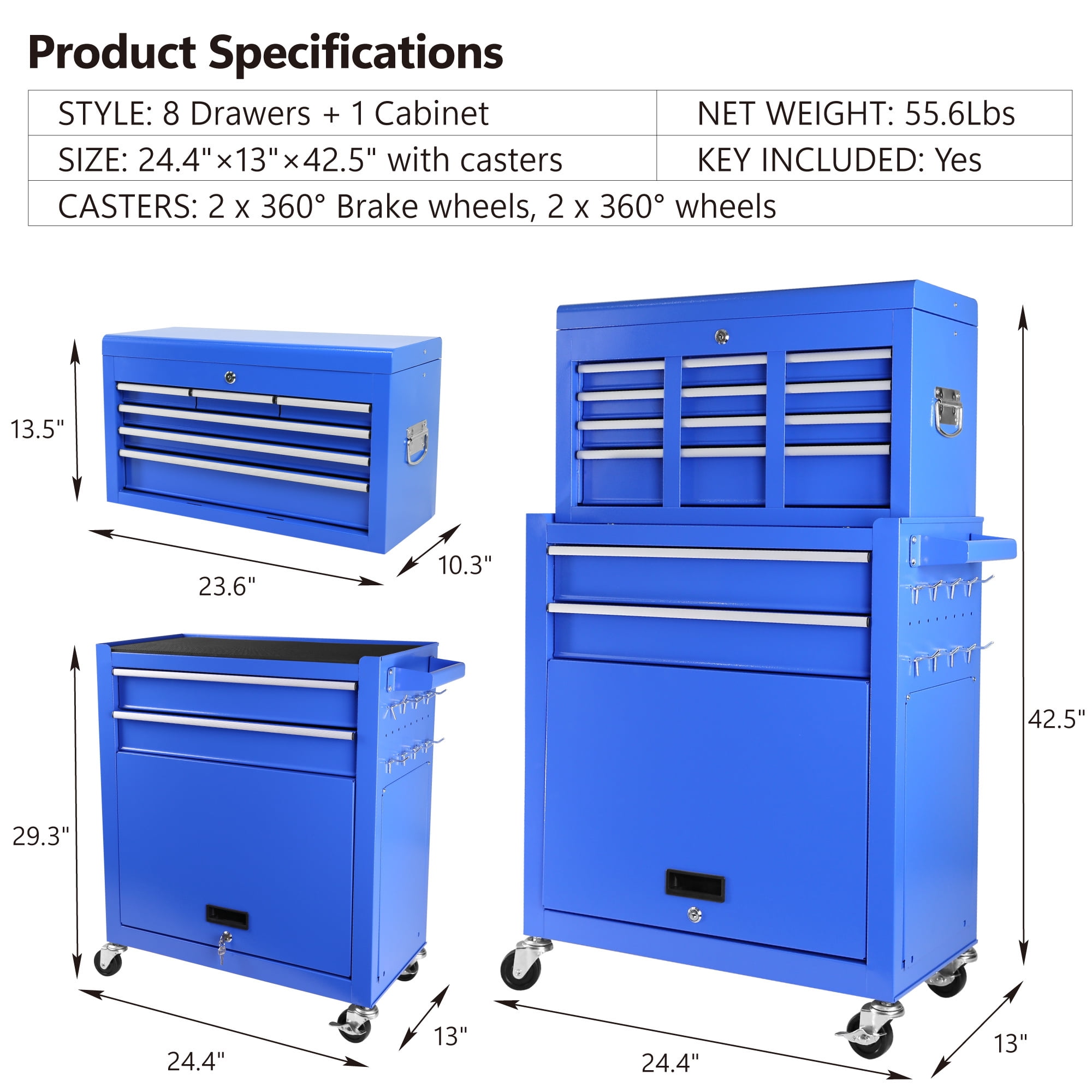 Aukfa Tool Chest, 2 in 1 Steel Rolling Tool Box & Cabinet on Wheels for Garage, 8-Drawers, Blue