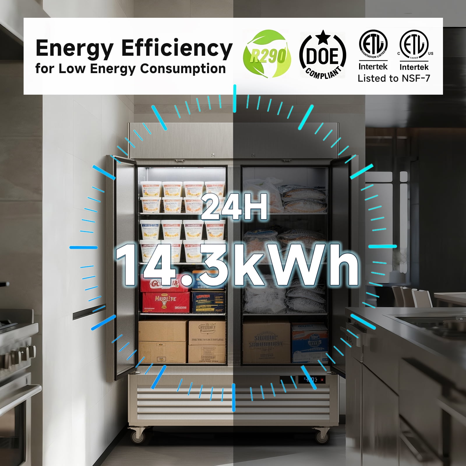 VEECOOL Commercial Freezer Upright WiFi Enabled, 54.4" Solid Door Reach-In Freezer with LED Lighting, APP Control Fan Cooling, R290, Stainless Steel, 49 cu.ft. Capacity, ETL&ETL Sanitation