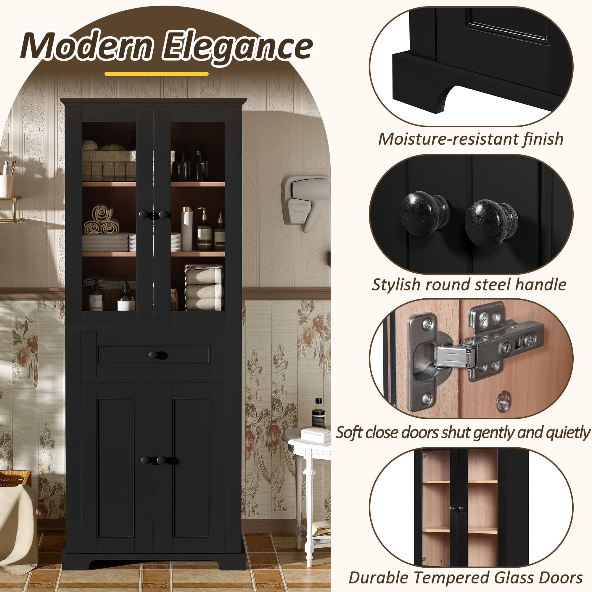 Euroco 67.2" Tall Bathroom Storage Cabinet with Tempered Glass Doors, Adjustable Shelves & Drawer – Modern Freestanding Linen Tower, Soft-Close Design