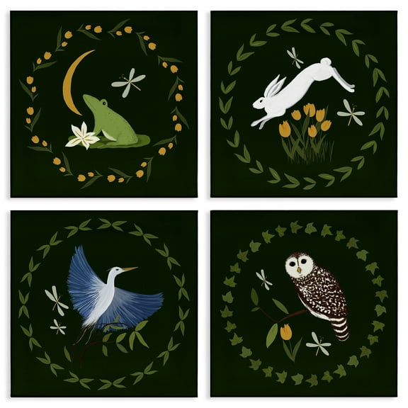 Stupell Industries Animals with Circular Wreaths Animals Painting Wrapped Canvas Art Print Wall Art, 17 x 17, Set of 4