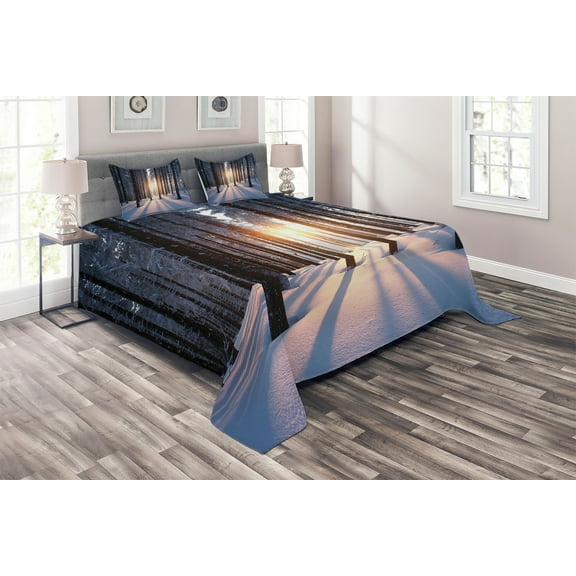 Ambesonne Forest Quilted Coverlet 3 Pcs, Sunset at Wintertime, Queen Size, Brown White