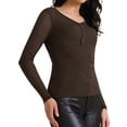 thumbnail image 4 of Women's Semi Sheer Long Sleeve Ruched V Neck Sequin Panel Casual Party Shirt Top XS Dark Brown, 4 of 6