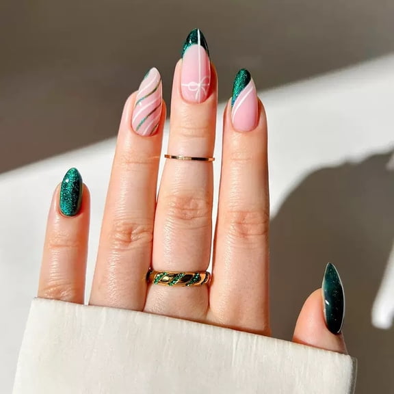 Christmas nail art Press on Nails Almond Fake Nails BlueFalse Nails French Artificial Nails with Floral Designs Summer Handmade Nails Stick on Nails for Women 24pcs