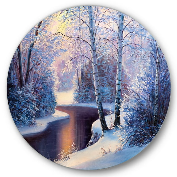Designart 'Christmas Forest With Trees and River I' Traditional Circle Metal Wall Art 36x36 - Disc of 36