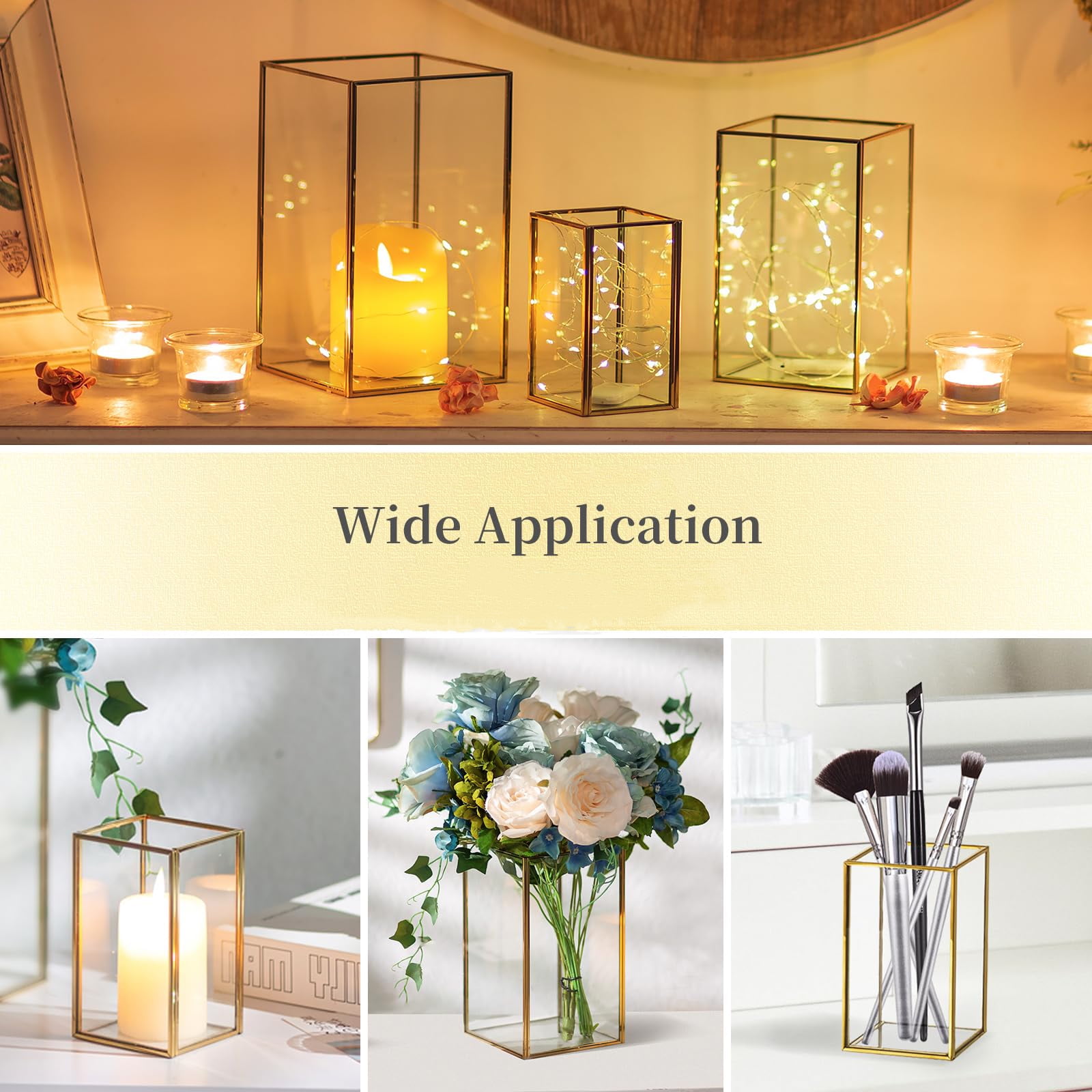 Nuptio Glass Hurricane Candle Holder Lantern for Pillar Candles， Gold Lantern Centerpiece for Tables Decorative Indoor ,Set of 3