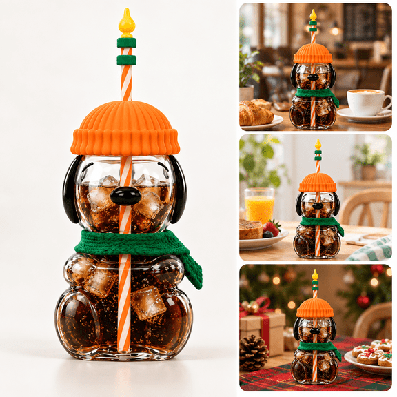 20OZ Cartoon Dog Glass Cup with Straw, Clear Tumbler with Beanie Hat Lid and Scarf, Cute Novelty Drinkware