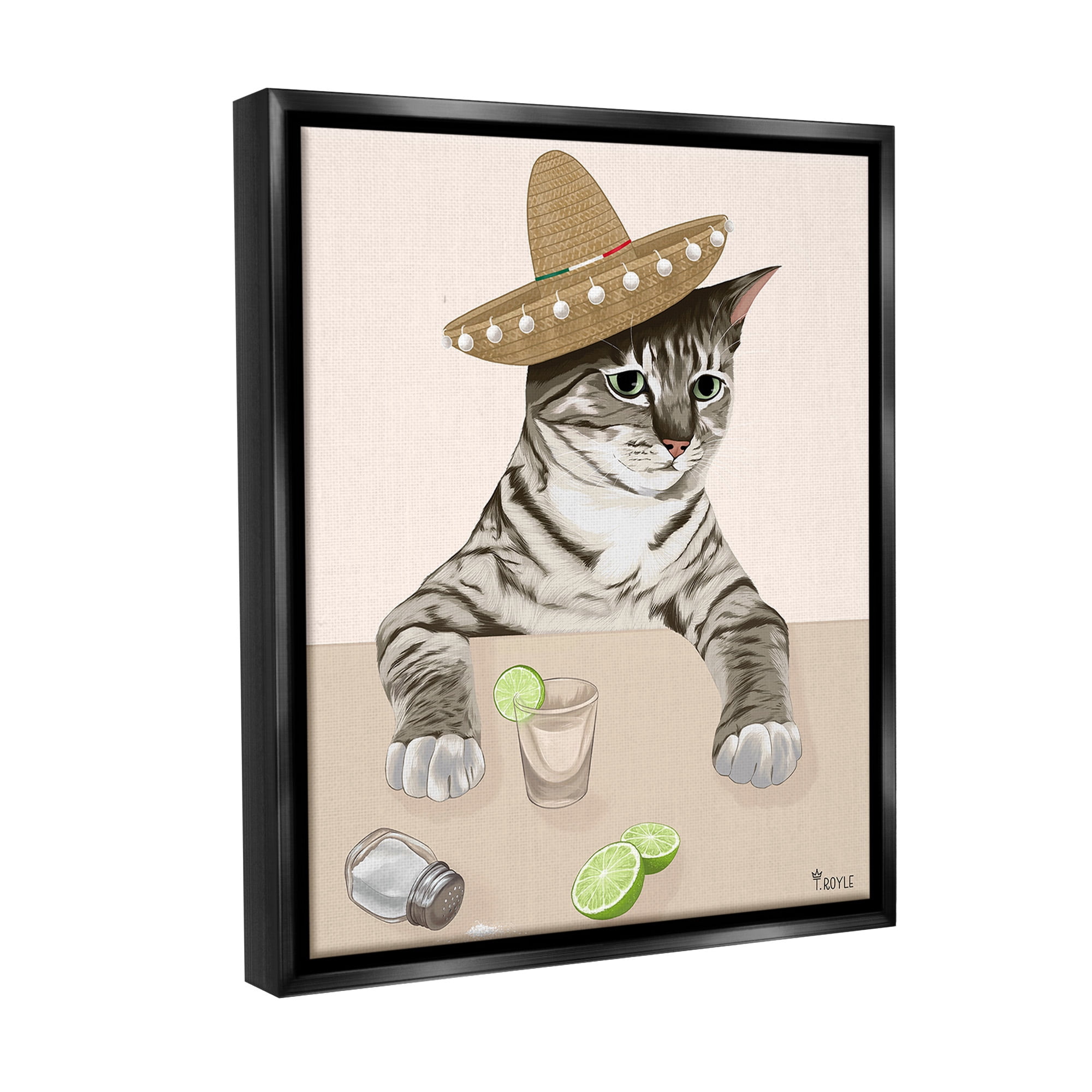 Stupell Industries Sombrero Cat & Cocktail Animals & Insects Painting Black Floater Framed Canvas Art Print Wall Art, 25 x 31