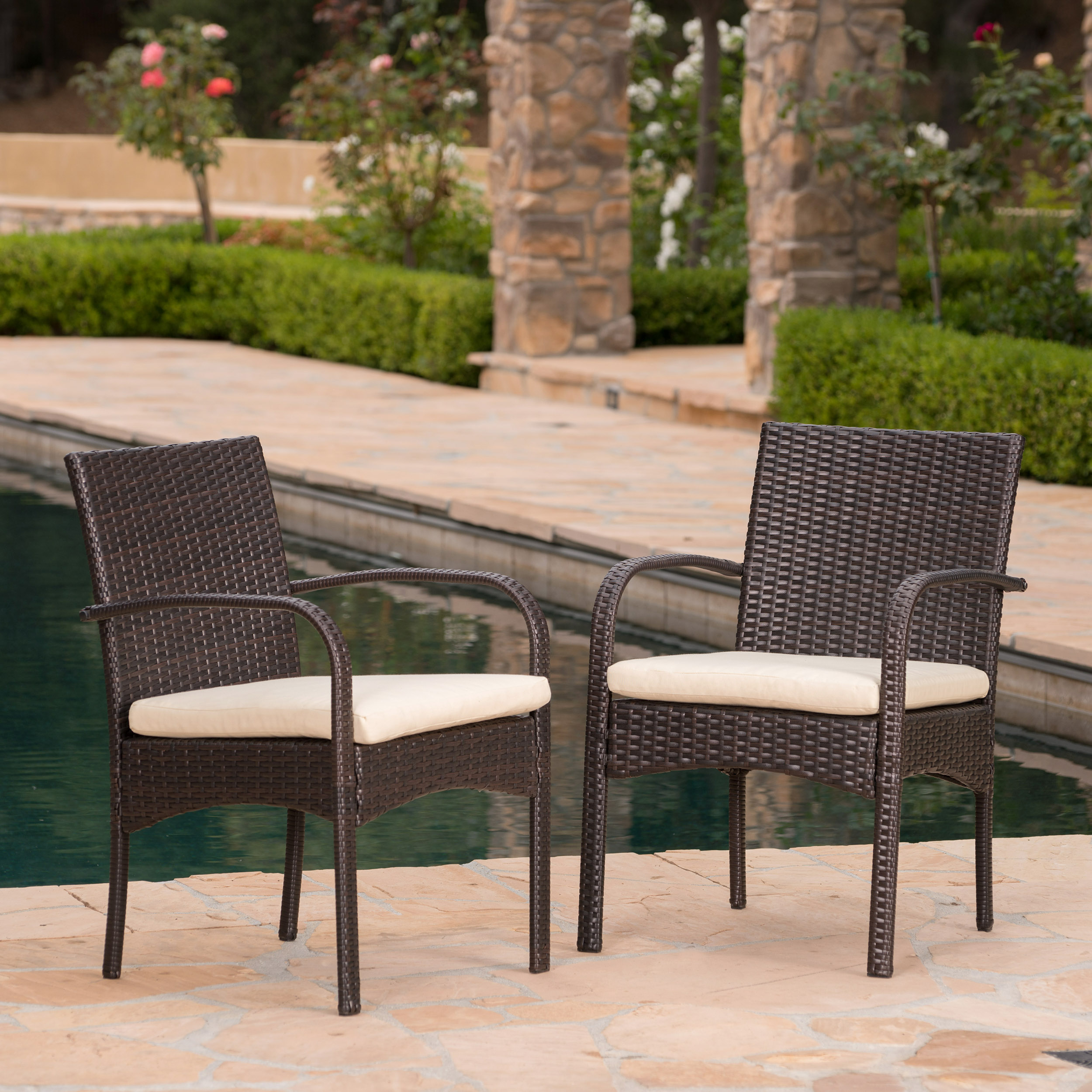 Outdoor PE Woven Dining Chair Set of 2, Weather Resistant Household Seats for Patio Garden, Iron Brown