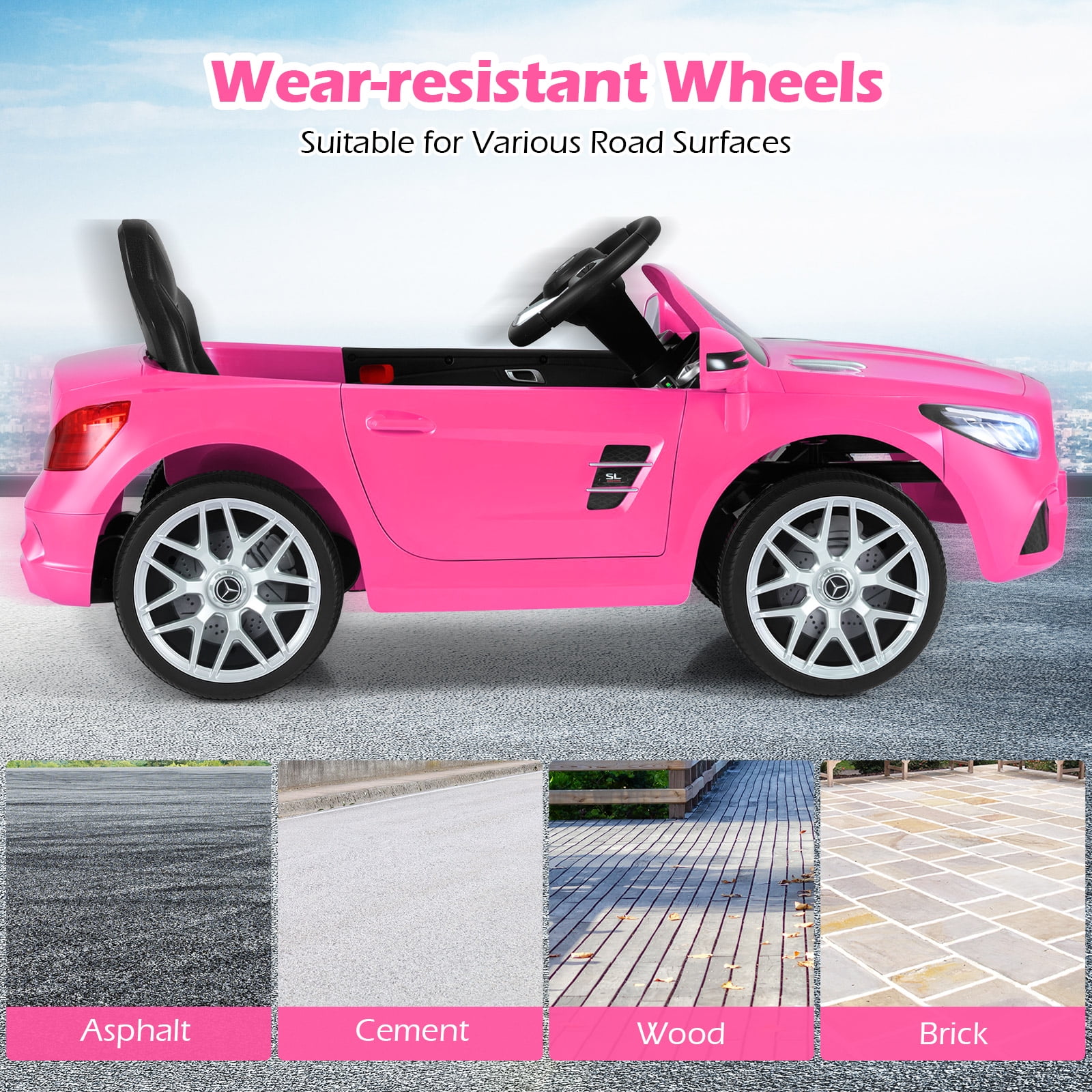 OLAKIDS 12V Electric Kids Ride On Car, Licensed Mercedes Benz SL500 Toy Car with Remote Control, MP3 Plug, USB, 2 Speeds, LED Lights, Battery Powered Toy Vehicle for Toddler Children