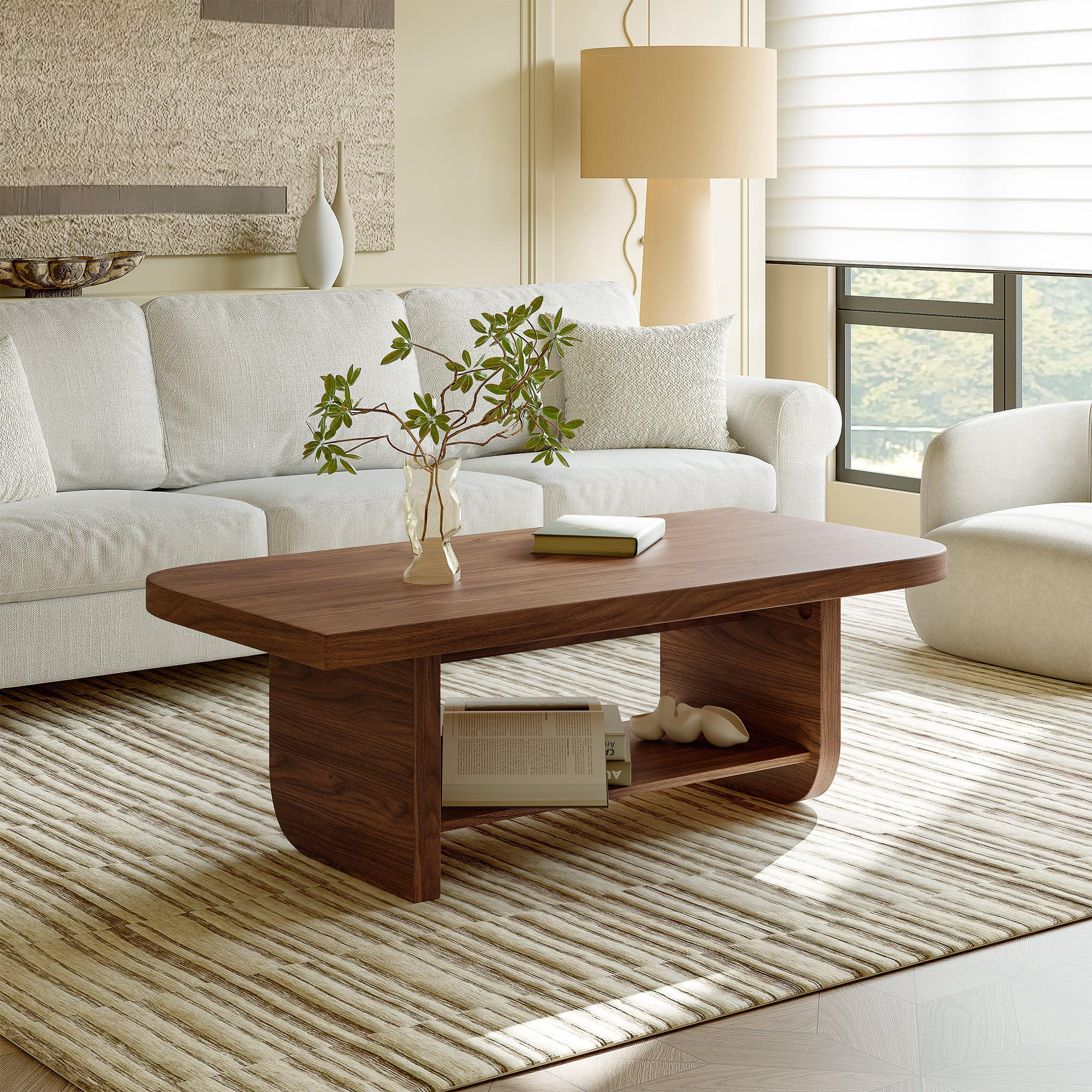 Leumius Coffee Table with Lower Storage Shelf, Mid-Century Modern Living Room Table, Farmhouse Accent Furniture for Living Room, Large Spaces