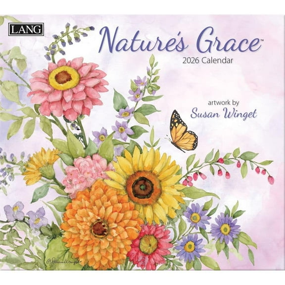 Lang Nature’s Grace 2026 Wall Calendar – 12-Month Calendar with Stapled Binding, Linen-Embossed Floral & Nature Artwork by Susan Winget, 13.4″ × 12″