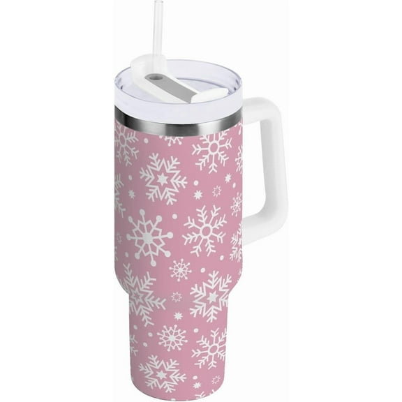 30 oz Tumbler with Lid and Straw Christmas Snowflakes Pink Water Bottle Insulated Cup with Handle, Stainless Steel Water Cup Fits in Car Cup Holder