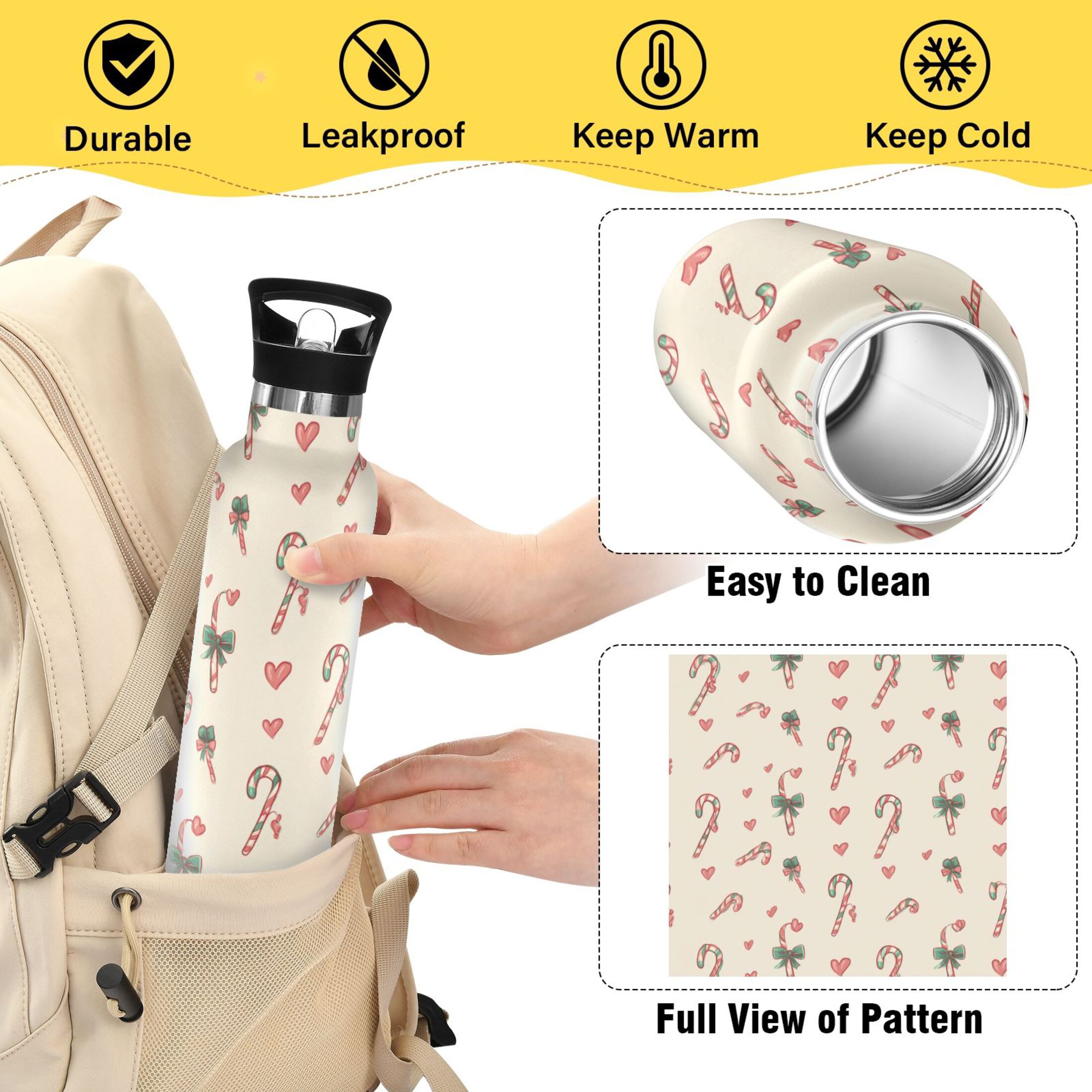 600ML Stainless Steel Insulated Cup Sports Water Bottle Portable Thermos Cup Water Glasses Insulated Tumblers Convenient and Durable Christmas Candy Cane