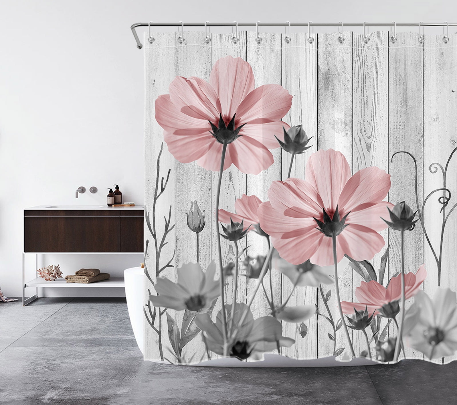 HVEST Pink Flower Shower Curtain, Vintage Watercolor Floral Grey Wooden Planks Bathroom Shower Curtain Plant Leaves Polyester Fabric Decor Curtain with Hooks, 72X72 inch