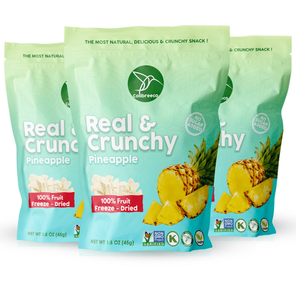 Colibreeco, Freeze Dried Fruit, Pineapple, 1.6 Ounce (Pack of 3), Non-GMO, Kosher and Vegan, 100% Fruit, No Sugar Added, Excellent for Healthy Snacks and Gluten Free