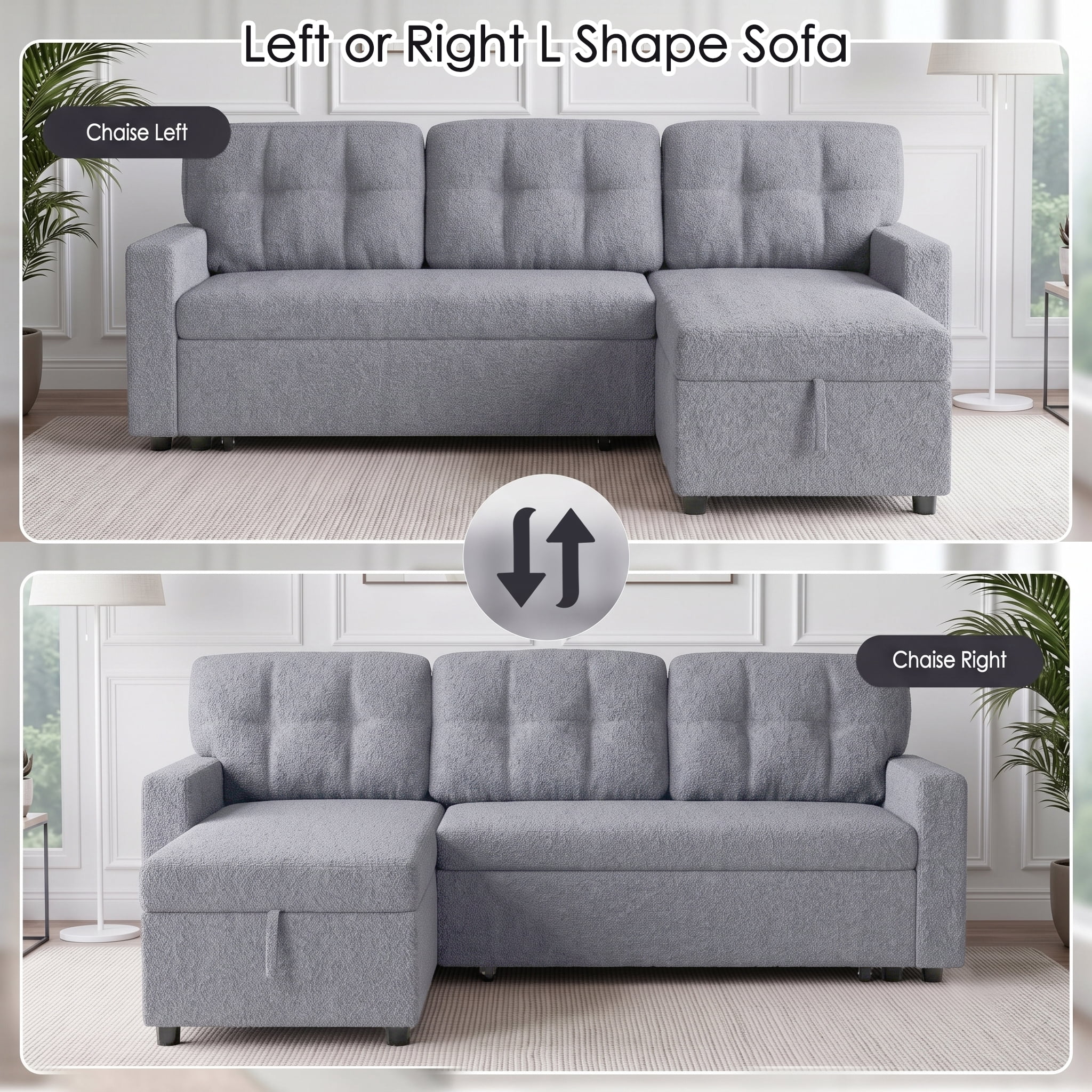 avobird 82" L Shaped Sleeper Sofa Bed, 3-Seat Convertible Sectional Couches with Storage Chaise, Terry Cloth Pull Out Couch for Living Rooms, Apartment, Light Gray