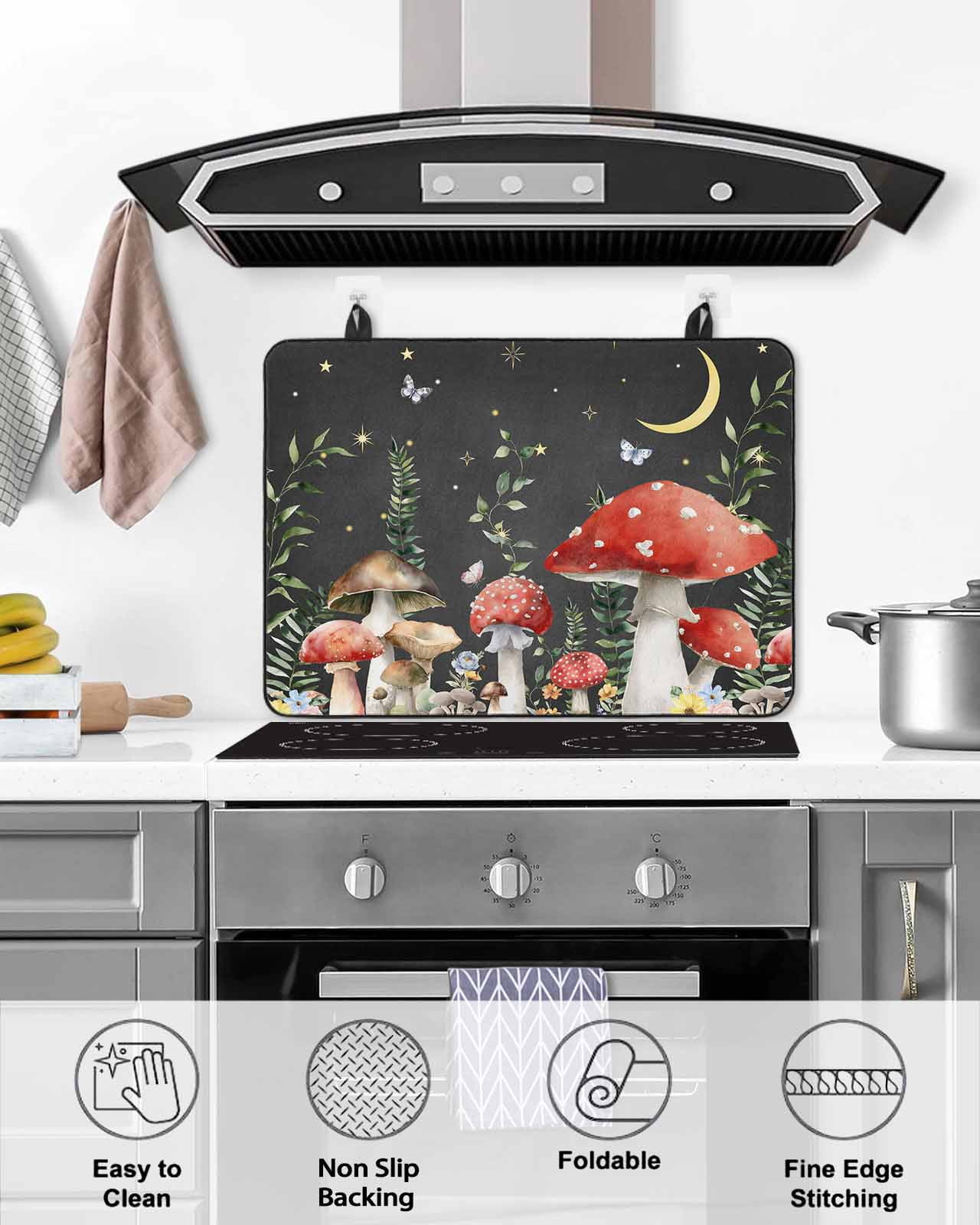 Large Induction Cooktop Protector Mat Mushroom Stove Top Covers for Electric Stove, Botanical Watercolor Floral Leaf Butterfly Plant Decorative Stove Burner Cover Mats, Glass Top Stove Cover