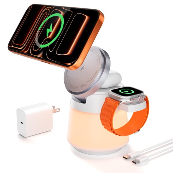 Wireless Charger 3 in 1, Magnetic Wireless Charger Stand with Night Light, 360° Rotation Portable Travel Charging Station Multiple Devices for iPhone 17/16/15/14/13/12, Apple Watch, AirPods Pro 3