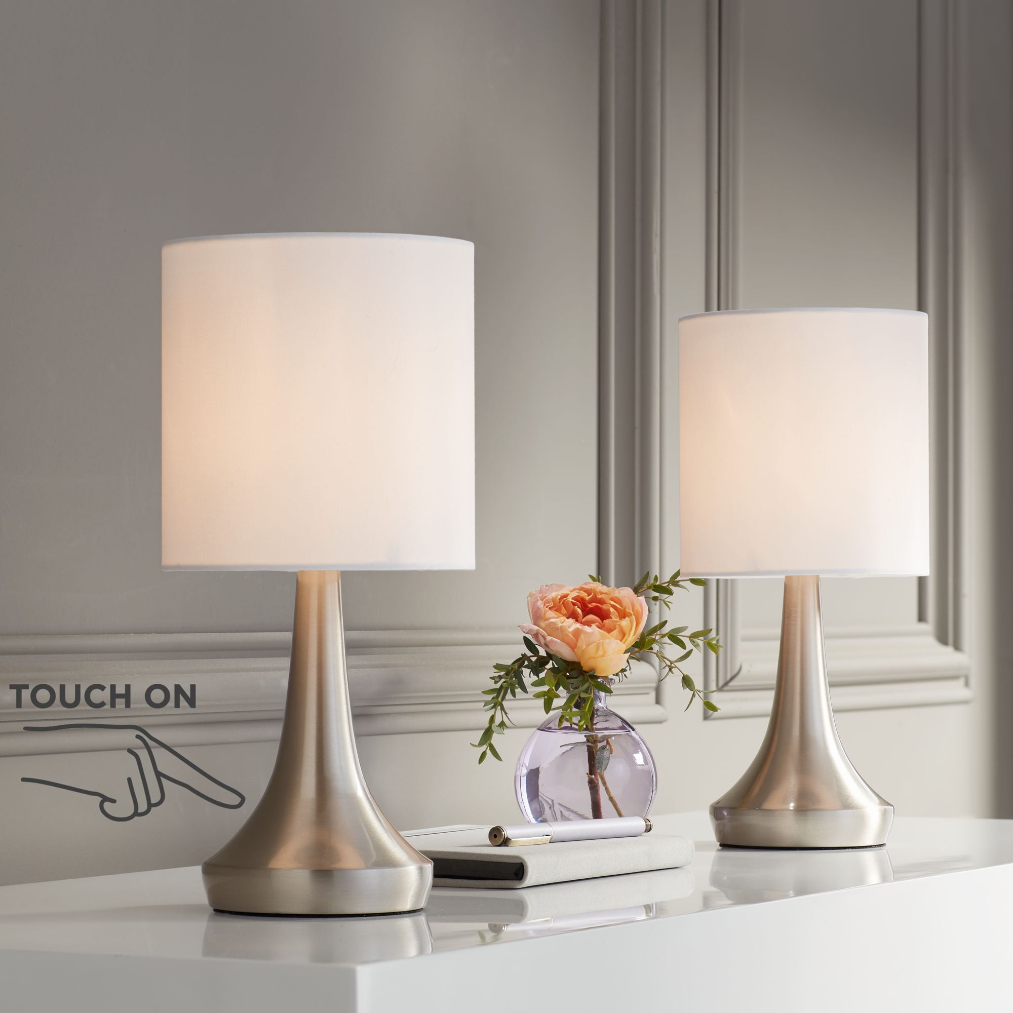 Pair of Modern Brushed Chrome Bedside Touch Table Lamps with Grey Shades 