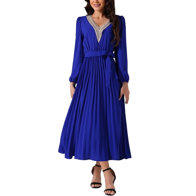 Vestido midi plisado fluido de manga larga con cuello en V y cinturón para mujer INSPIRE CHIC 2024 en azul real