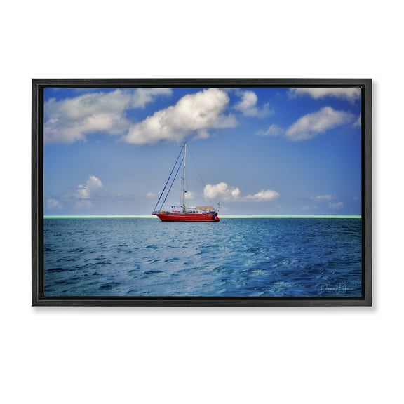 Stupell Industries Ship & Cloudy Sea Nautical & Beach Photography Black Floater Framed Canvas Art Print Wall Art, 25 x 17