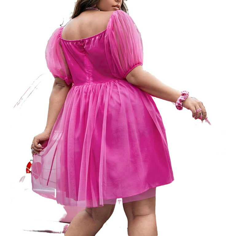 Party Solid Square Neck A Line Short Sleeve Hot Pink Plus Size Dresses  (Women's)