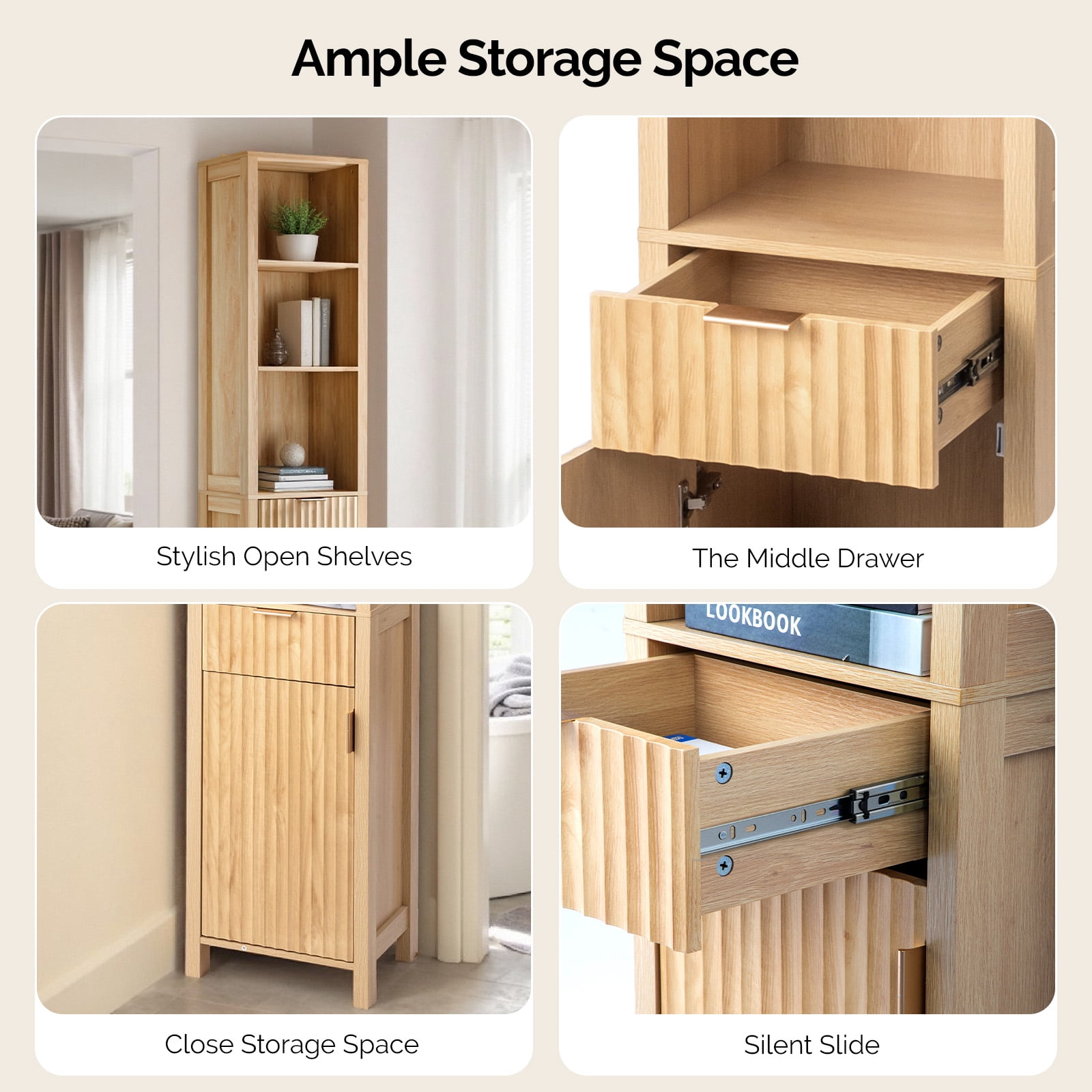 Ktaxon Fluted Bathroom Storage Cabinet Narrow Tall, Freestanding Cabinet Storage Tower with Grille Single Door and One Drawer, Oak