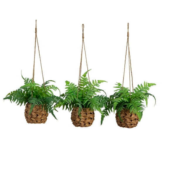 Nearly Natural 10in. UV Resistant Artificial Boston Fern in Hanging Wicker Basket (Indoor/Outdoor) - Set of 3