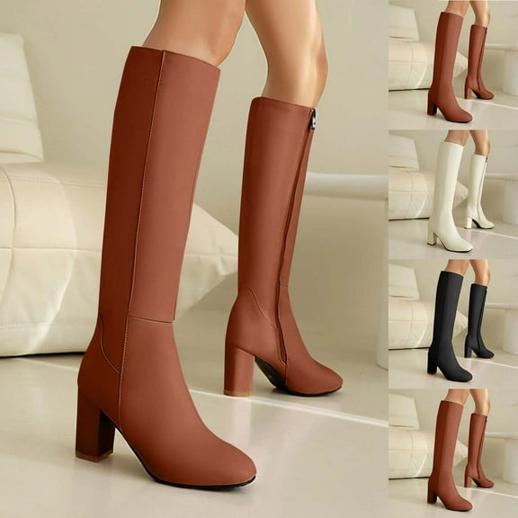 Rain Boots Women TKYCMSUAKI Women's Chunky Low Heels Boots Knee High Winter Boots Comfortable Pull On Zipper Chunky Heel Western Cowgirl Knee High Boots