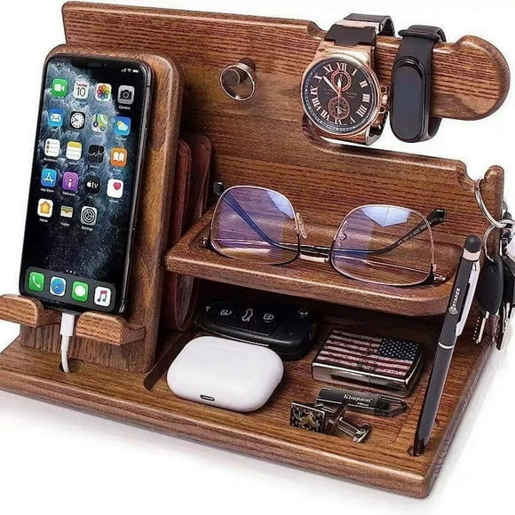 Cipaher Soporte de Sobremesa de Madera Maciza Organizador Multiusos para Teléfonos Relojes Gafas y Llaves