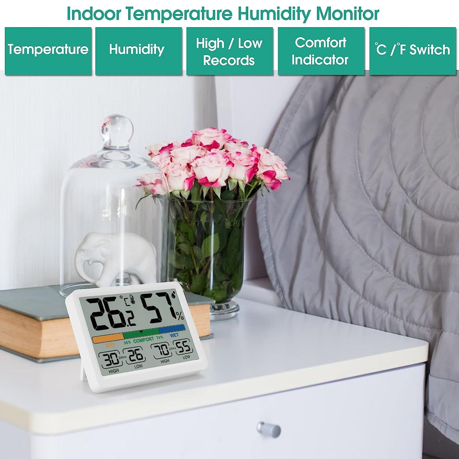 VOCOO Indoor Thermometer Hygrometer Humidity Meter, Room Temperature Humidity Monitor Gauge with High/Low Temperature Humidity Display, ˚F/℃ Switch, White