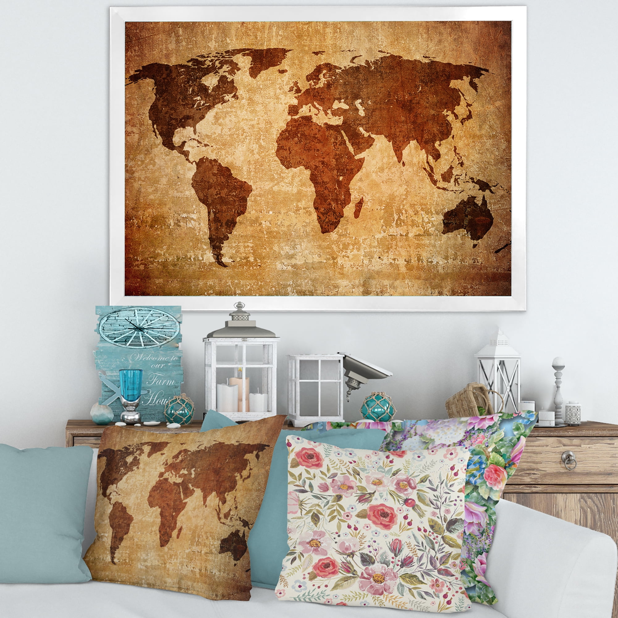 Designart 'Ancient World Map XI' Vintage Framed Art Print