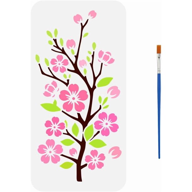 Plantilla de pintura de flores de cerezo en flor con pincel de plástico de 11,8 x 5,9 pulgadas, plantilla de rama de flor de cerezo para decoración del hogar DIY