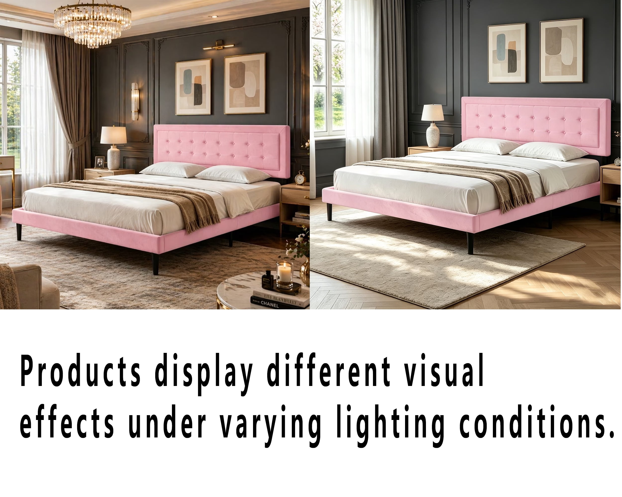 Gewnee King Size Platform Bed Frame, Pink Velvet Square Tufted Upholstered Headboard, Wood Slat Support, 600 Lbs Capacity, Under Bed Clearance for Robot Vacuum, Easy Assembly Bedroom Furniture