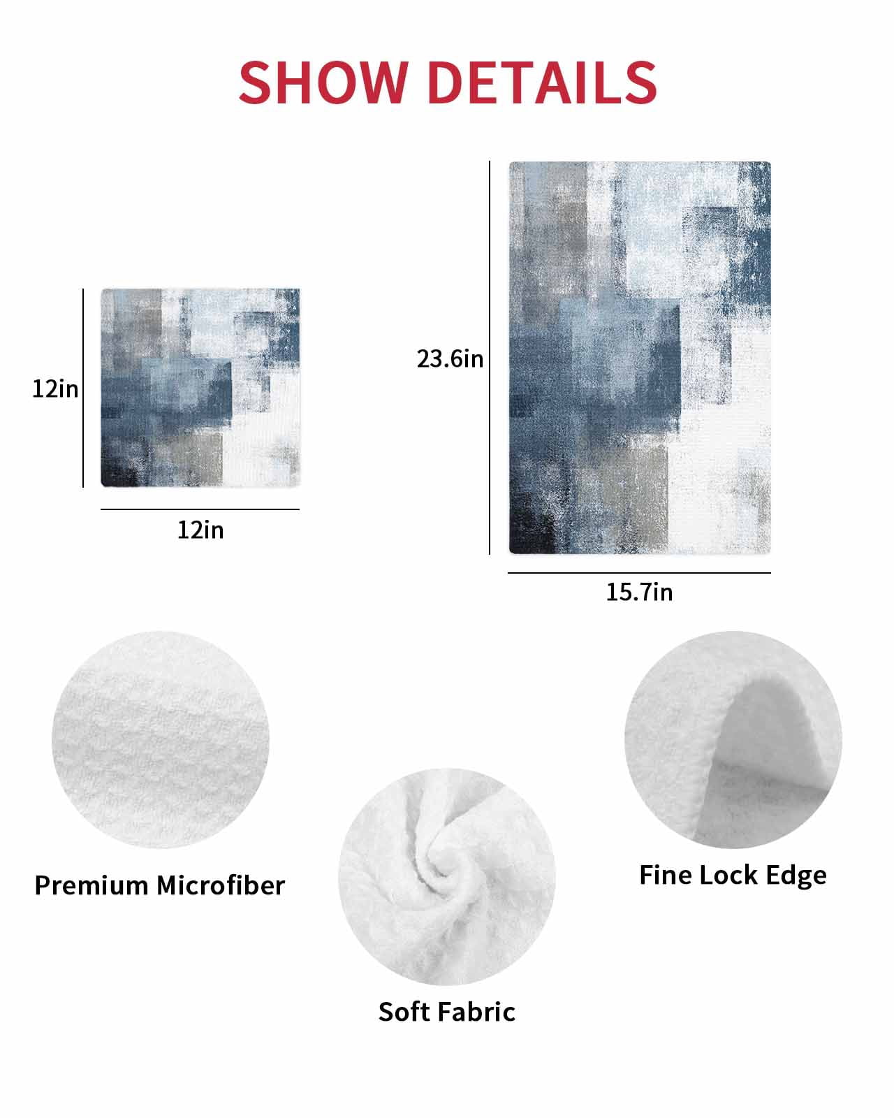 Blue Grey Kitchen Dish Towels for Drying Dishes Set of 3, Abstract Modern Painting Mottled White Art Waffle Weave Microfiber Terry Hand Tea Bathroom Towels Quick Dry & Absorbent Towel 15.7x23.6