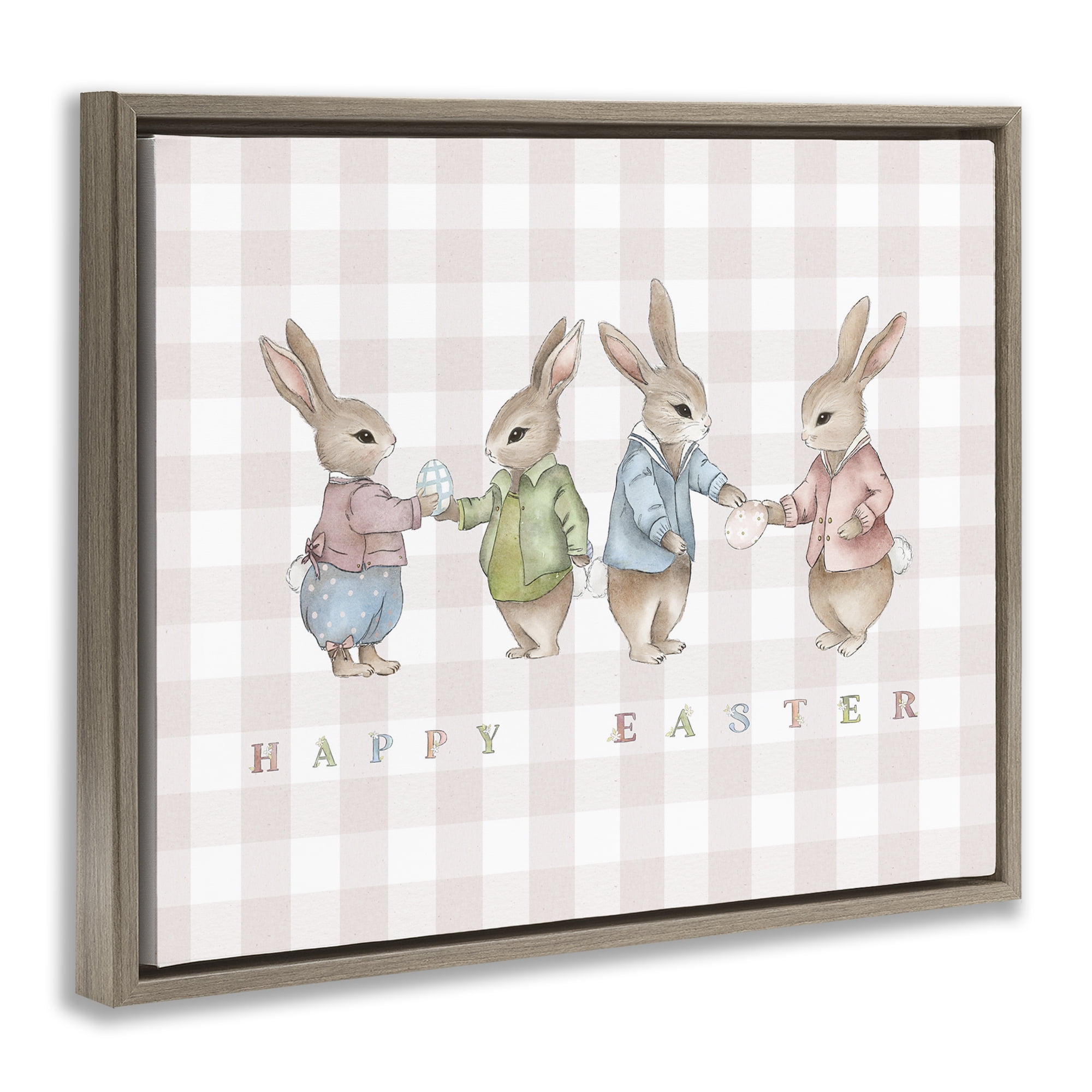 Stupell Industries Easter Bunnies Pink Gingham Brown Framed Floater Canvas Wall Art, design by Leah Straatsma